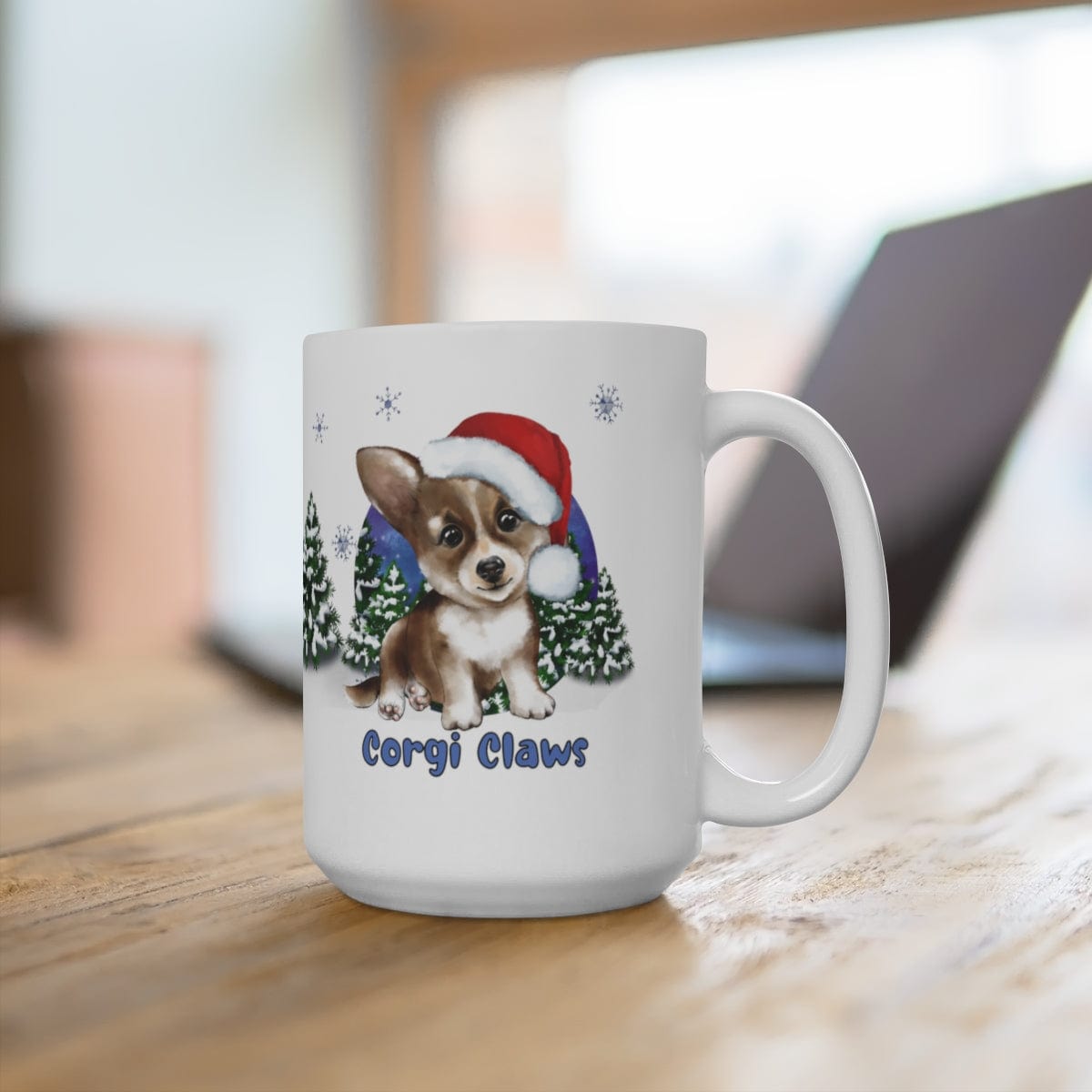 Printify Mug 15oz Coffee Mug, "Corgi Claws", Dog Mug, Santa Hat, White 15 oz Ceramic, Gift for Her, Cute Mug 58418398419313161007